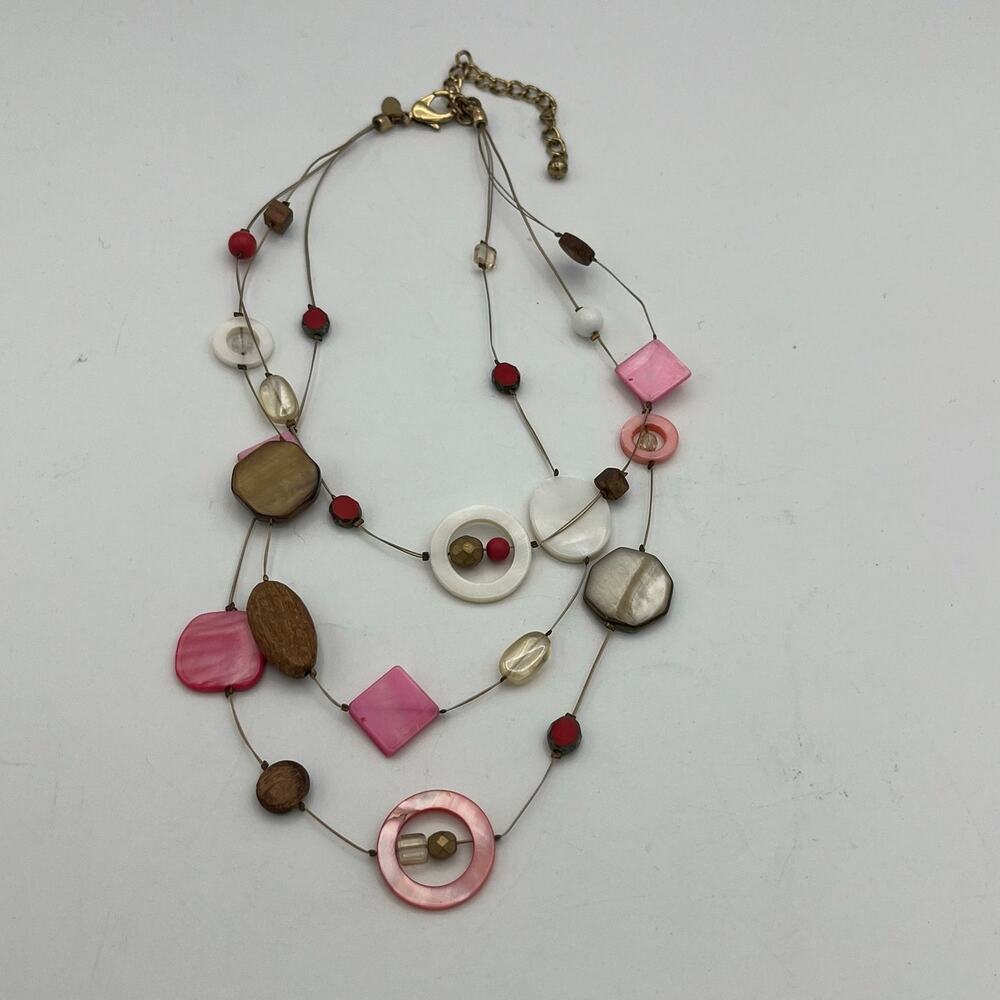 Chico’s Women's Three Strand Mixed Material Boho Necklace Pink Multicolor